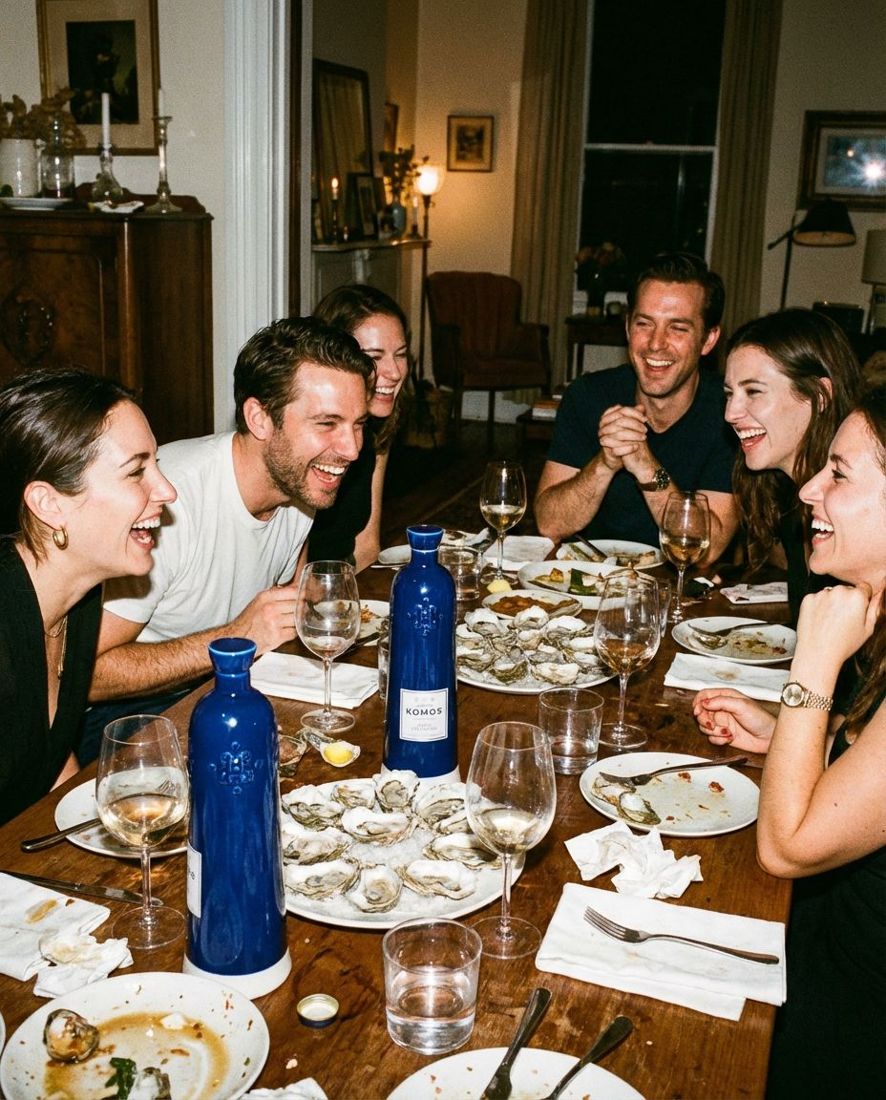 Komos ad: friends sharing oysters and tequila at dinner