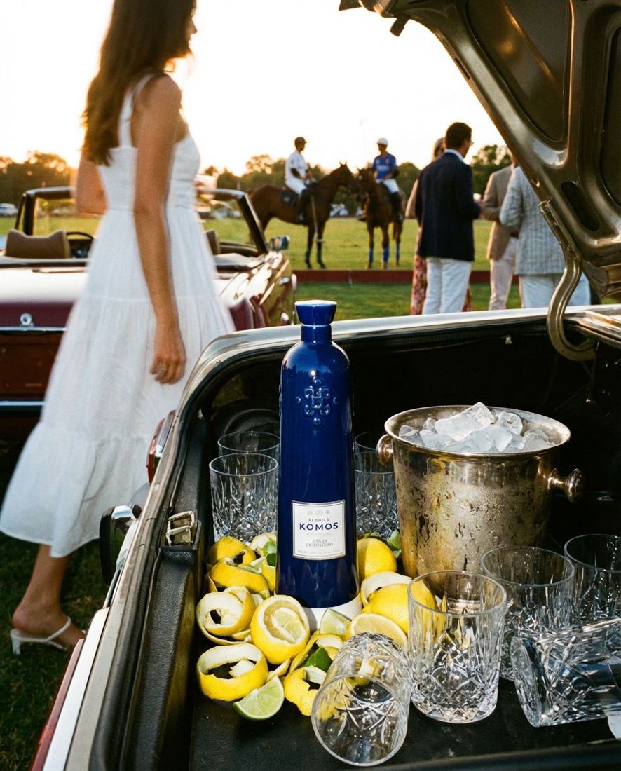 Komos ad: bottle in a car trunk at a polo match