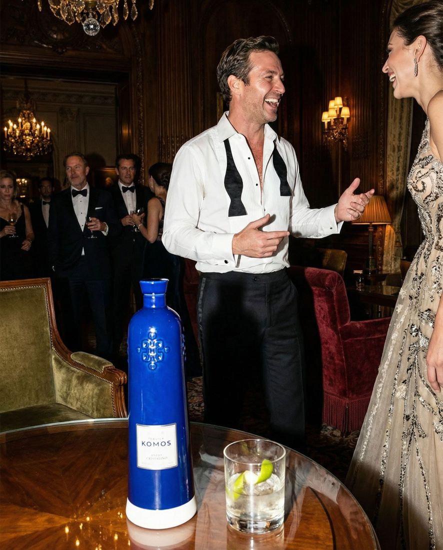 Komos ad: guests in formal wear at an evening soirée