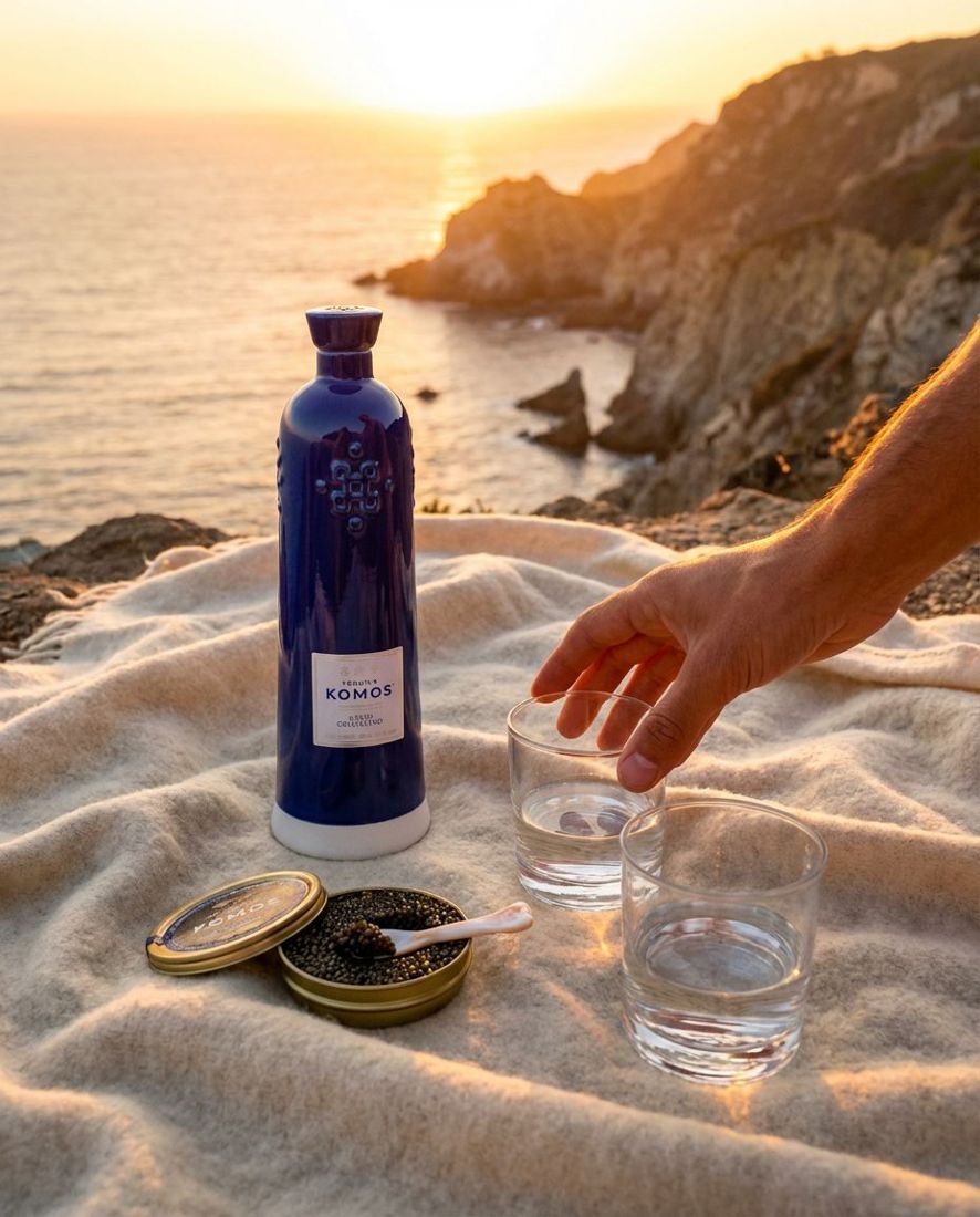 Tequila Komos bottle on a picnic blanket at sunset